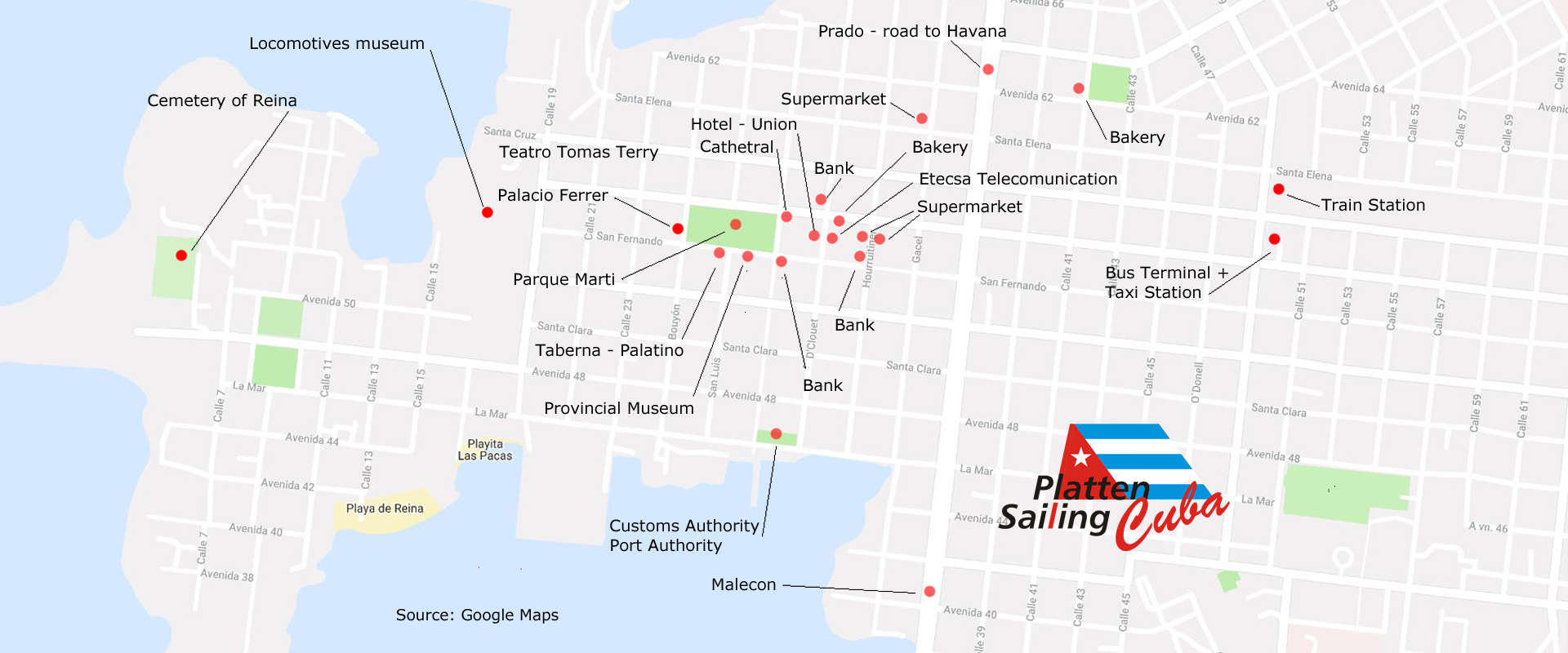 map of city center Cienfuegos - Cuba Sailing